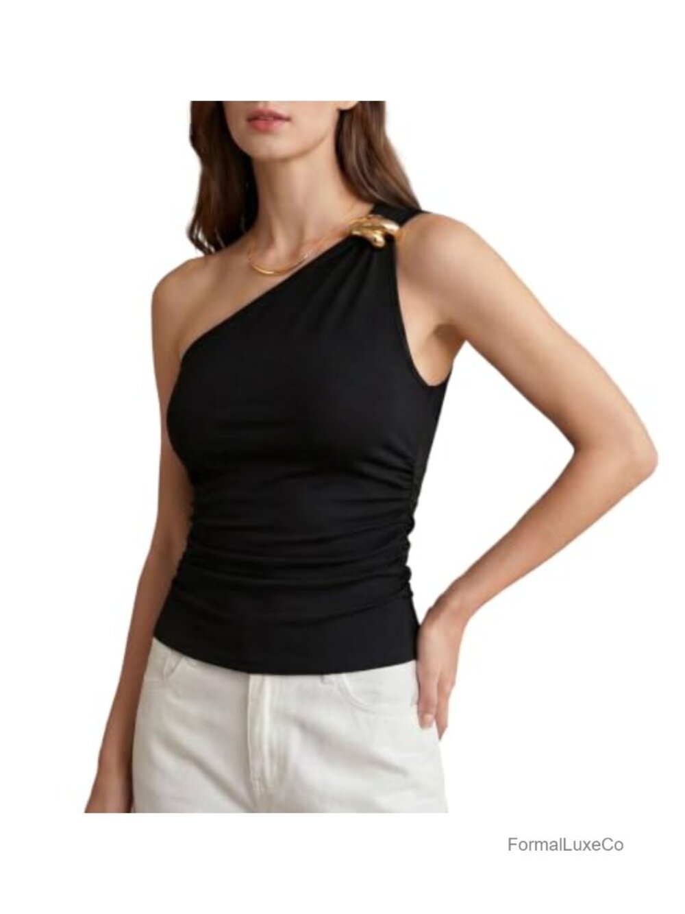 One Shoulder Pleated Top with Metal Detail Sleeveless Summer